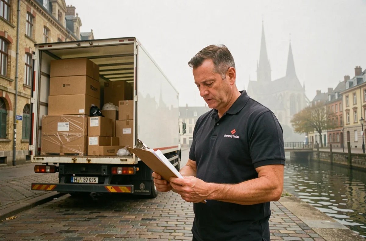 Responsable de Déménagement Blot vérifiant un inventaire devant un camion sur les quais de Rouen