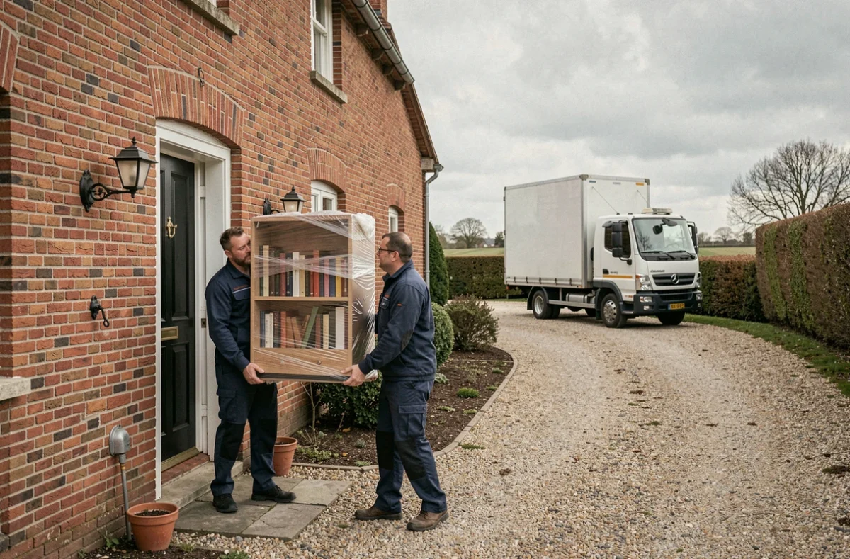 Déménageurs Demval portant une bibliothèque depuis une maison en brique de Seine-Maritime