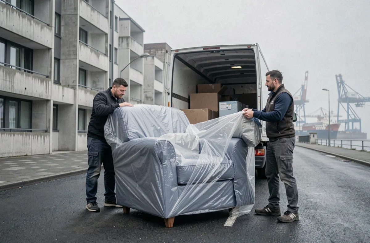 Déménageurs Grenier emballant des meubles devant les immeubles modernistes du Havre