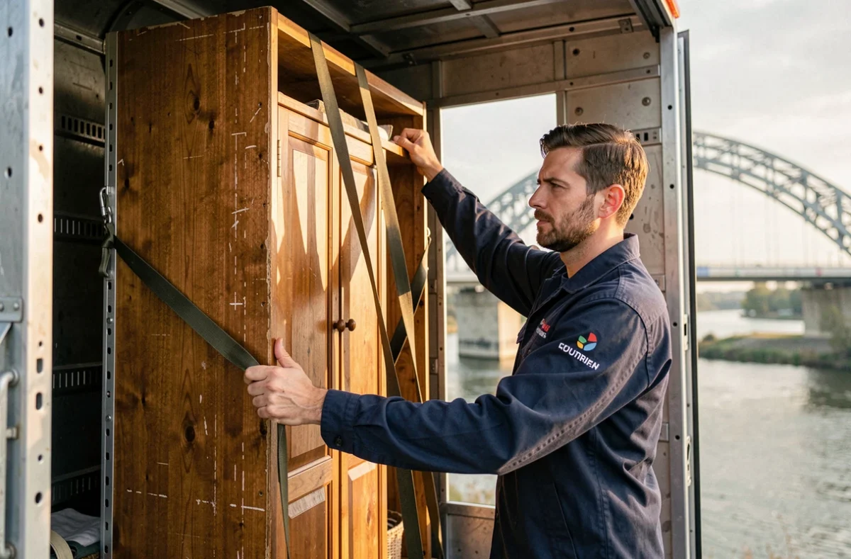 Déménageur Tournié arrimant une armoire dans un camion longue distance à Rouen