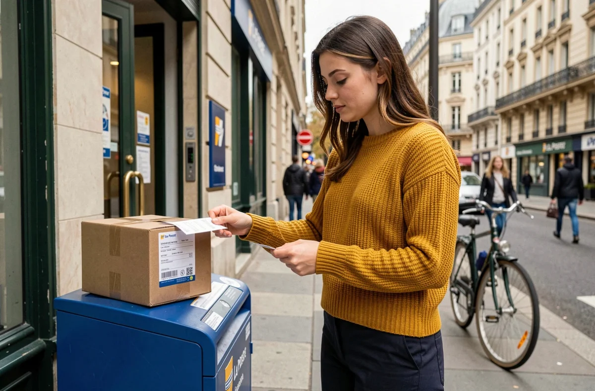 Jeune femme vérifiant son envoi Chronopost urgent devant un bureau de La Poste à Paris
