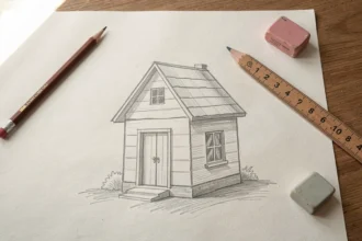 Dessin au crayon d'une maison simple posé avec une gomme et une règle