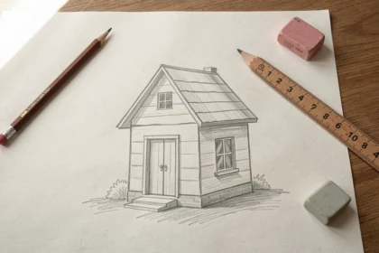 Dessin au crayon d'une maison simple posé avec une gomme et une règle