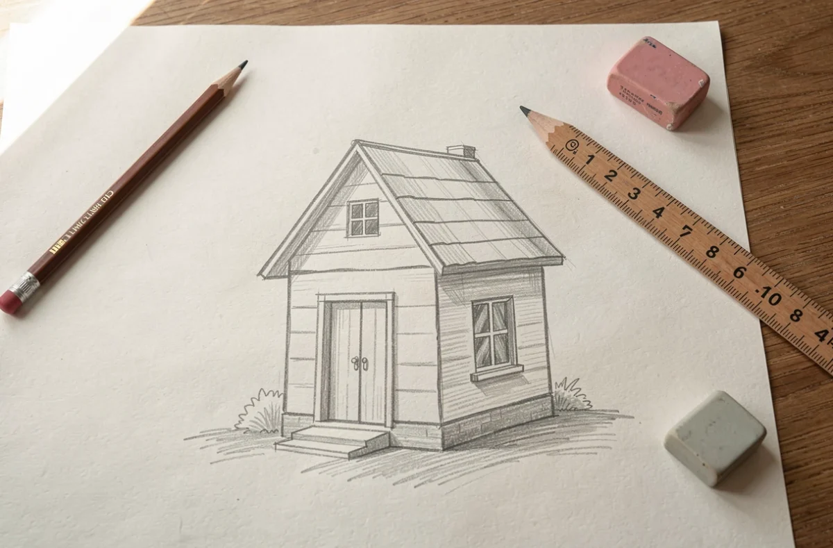 Dessin au crayon d'une maison simple posé avec une gomme et une règle
