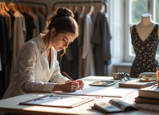 Dessinateur de mode créant une collection dans un studio lumineux