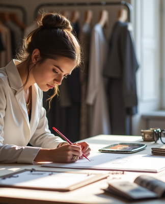 Dessinateur de mode créant une collection dans un studio lumineux