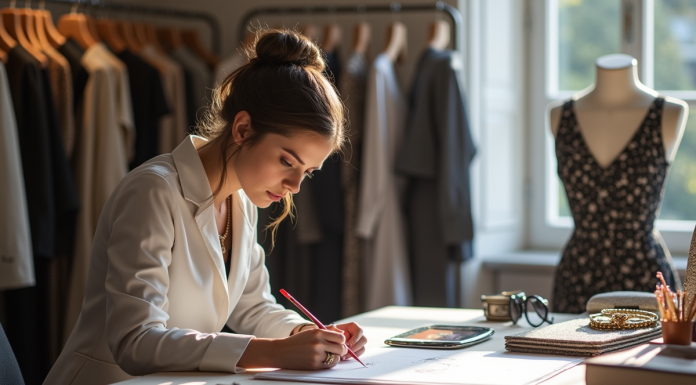 Dessinateur de mode créant une collection dans un studio lumineux