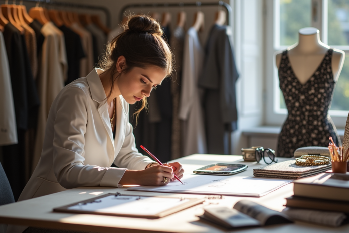 Dessinateur de mode créant une collection dans un studio lumineux