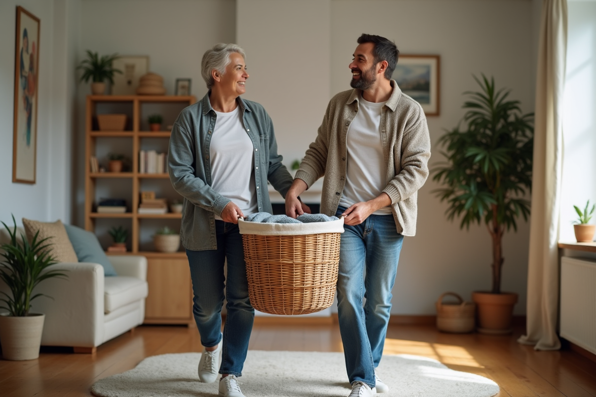 Deux hommes portant un panier à linge dans le salon