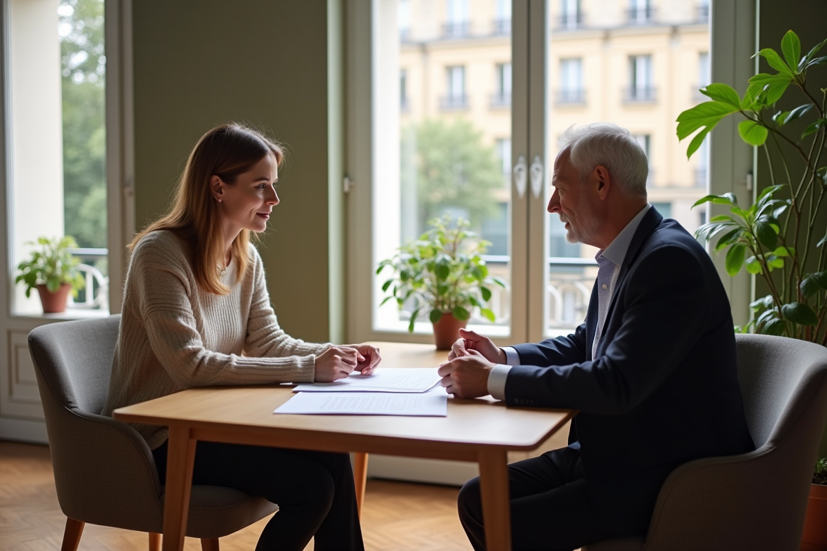 Femme discutant de documents légaux avec un client