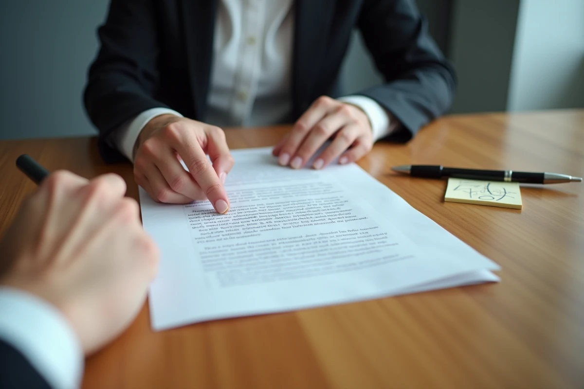 Gros plan sur des mains et des documents juridiques lors d'une consultation sur le non-respect d'une mesure d'éloignement