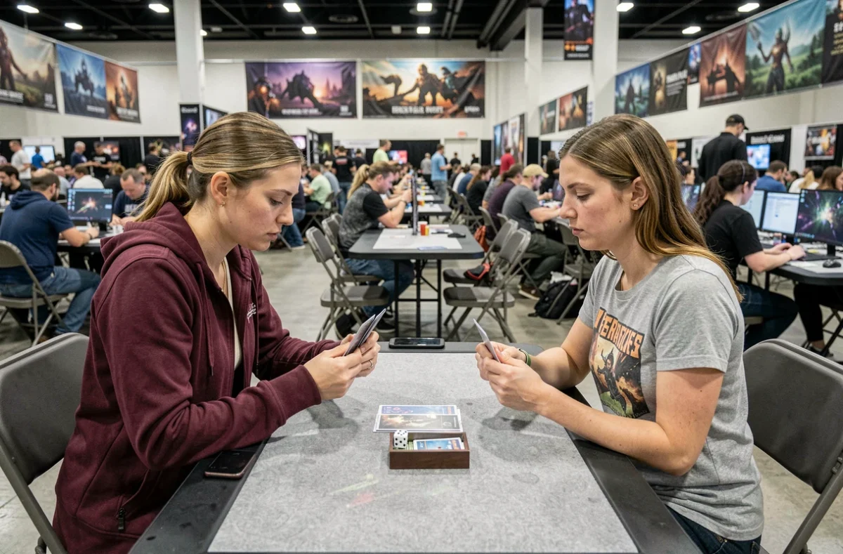 Deux joueuses s'affrontent lors d'un tournoi de cartes dans une grande salle de convention de jeux de société
