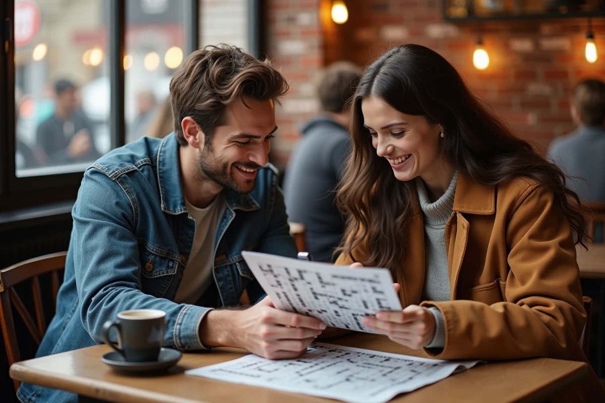 Deux personnes collaborant sur un magazine de mots croisés et une application d'anagrammes dans un café urbain