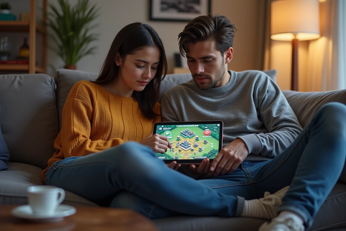 Deux joueurs analysant ensemble une composition de village sur tablette dans un salon moderne