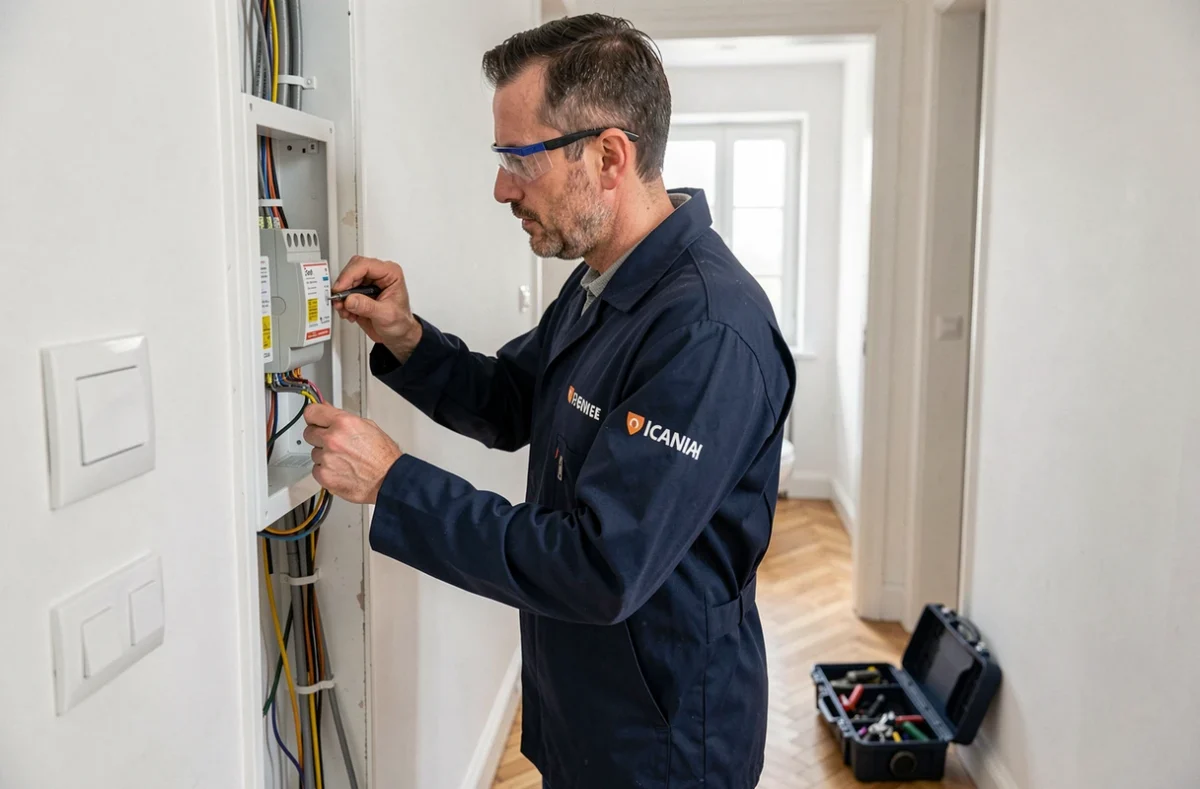 Électricien de la société Electricité Générale Boch intervenant sur un tableau électrique dans un appartement à Dijon