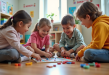 Théories d’apprentissage par le jeu : comment ça marche ? Groupe d'enfants jouant à un jeu de société dans une classe lumineuse