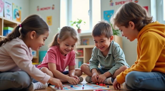 Groupe d'enfants jouant à un jeu de société dans une classe lumineuse