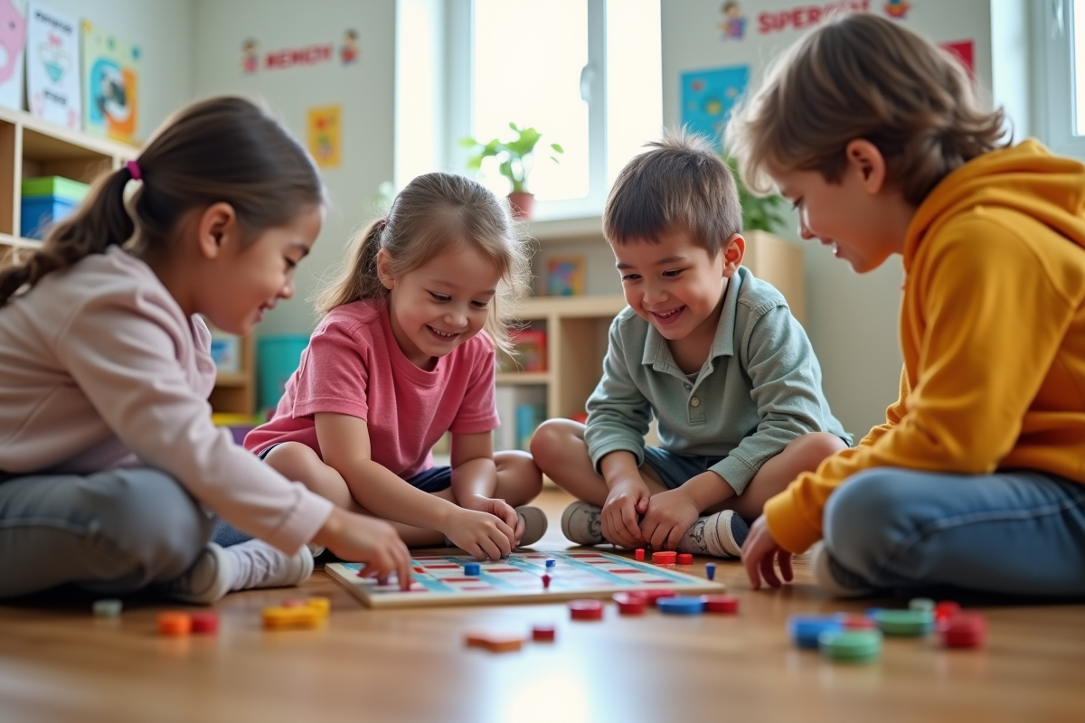 Groupe d'enfants jouant à un jeu de société dans une classe lumineuse