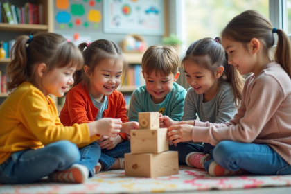 Enfants autour de six ans construisent une tour en bois dans une classe