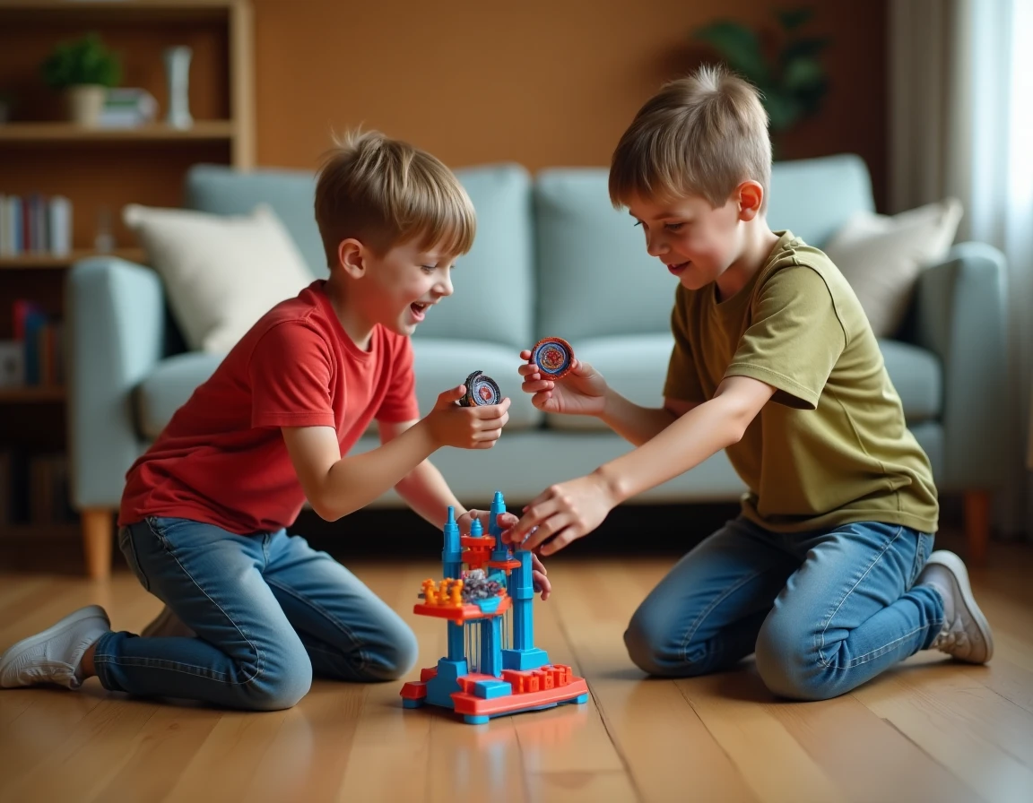 Deux enfants en train de jouer avec des toupies Beyblade et Bley blade dans un salon, illustrant la compatibilité des lanceurs entre les deux marques