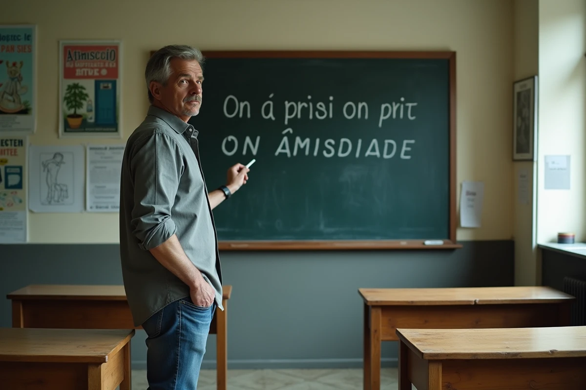 Enseignant écrivant au tableau les formes conjuguées on a pris et on prit pour expliquer le participe passé en classe de français