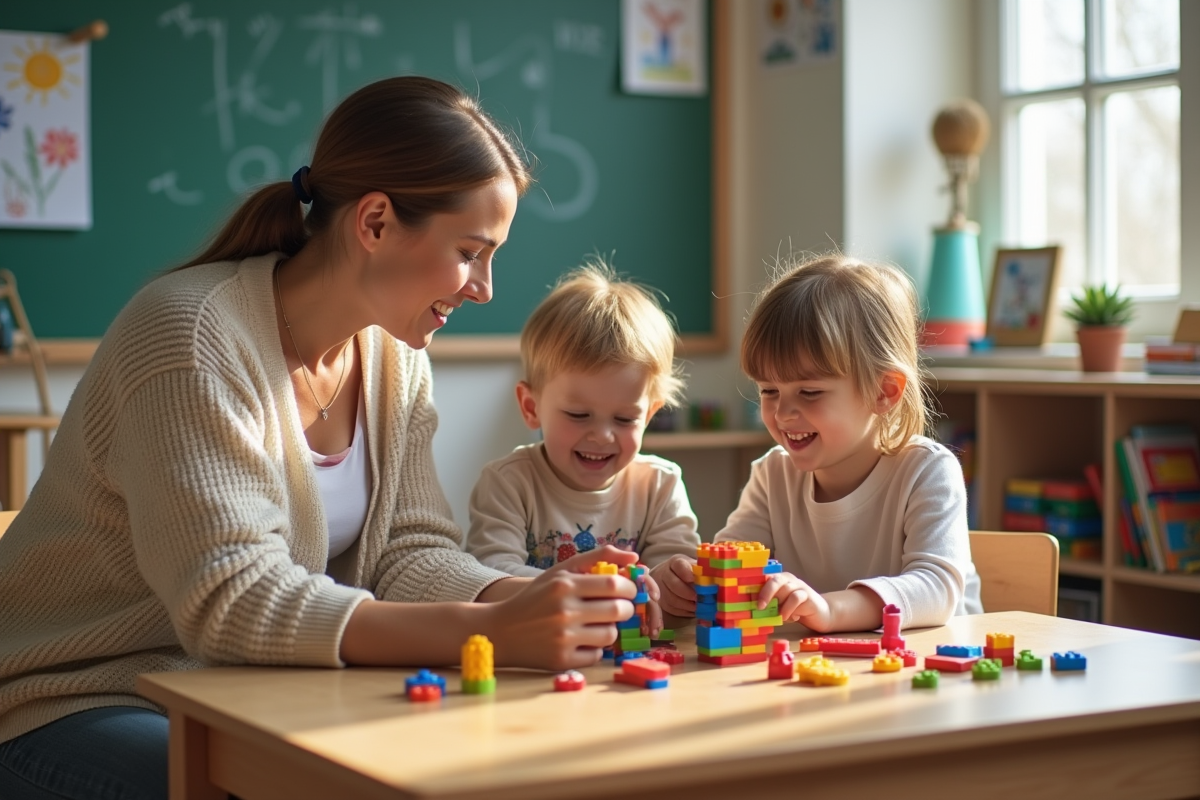 Enseignante aidant des enfants à construire avec des blocs