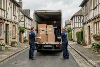 Équipe de déménagement professionnelle chargeant un camion dans une rue normande typique