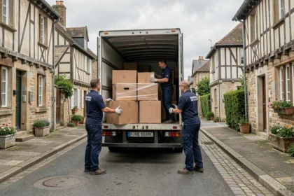 Équipe de déménagement professionnelle chargeant un camion dans une rue normande typique
