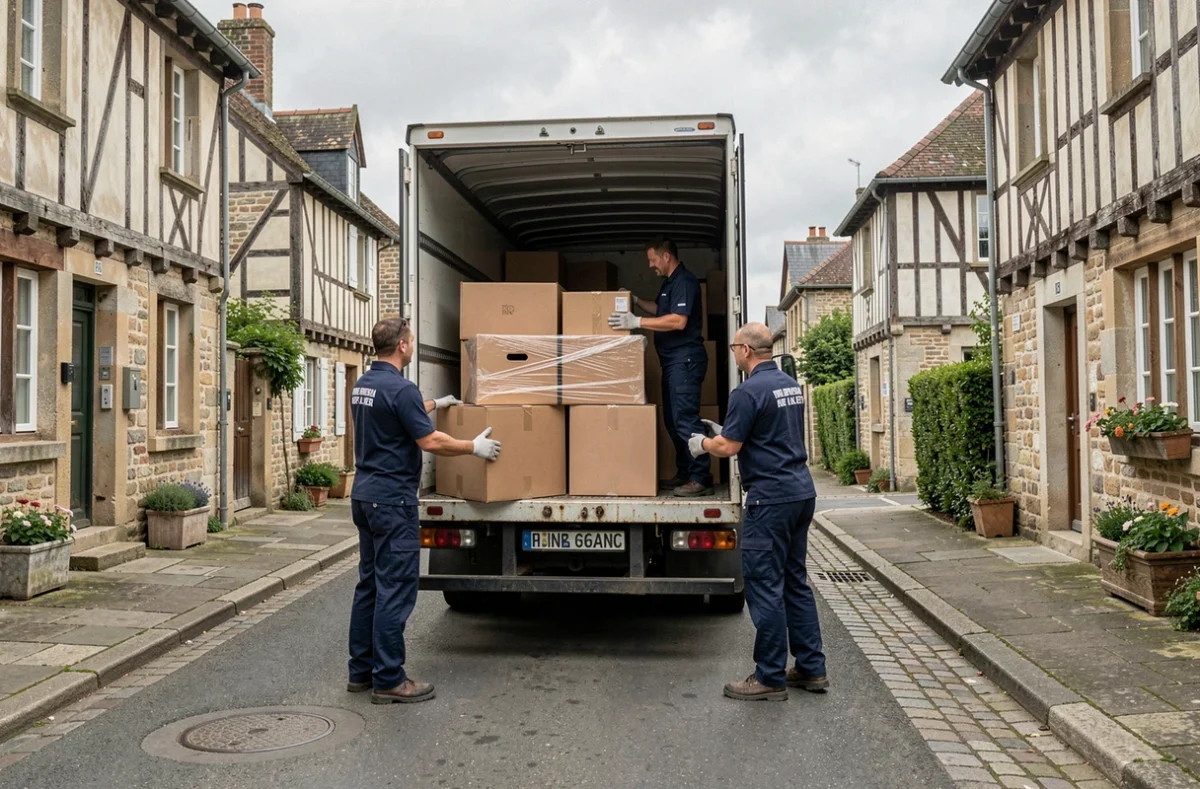 Équipe de déménagement professionnelle chargeant un camion dans une rue normande typique