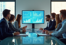 Groupe de professionnels collaborant autour d'une table moderne avec graphiques