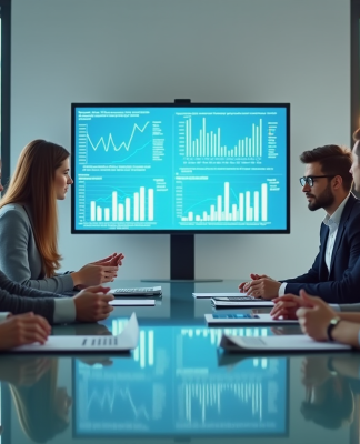 Groupe de professionnels collaborant autour d'une table moderne avec graphiques