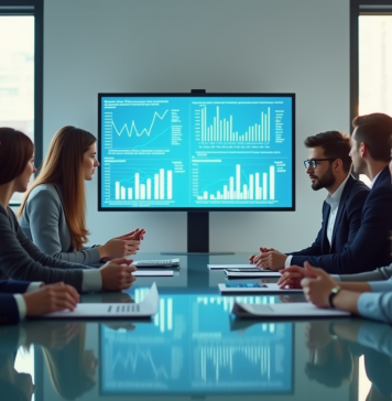 Groupe de professionnels collaborant autour d'une table moderne avec graphiques