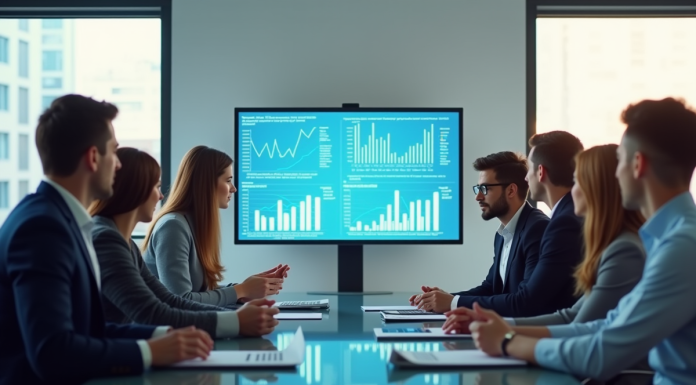 Groupe de professionnels collaborant autour d'une table moderne avec graphiques