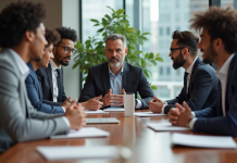 Groupe divers d'professionnels en réunion de travail