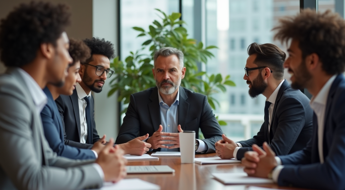 Groupe divers d'professionnels en réunion de travail