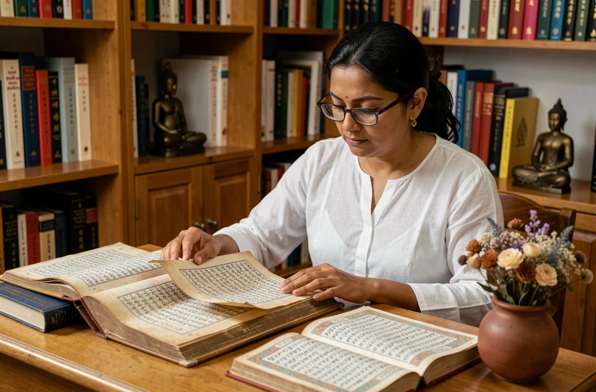 Femme érudite étudiant la traduction et la signification du mantra Om Mani Padme Hum dans des textes sanskrits anciens