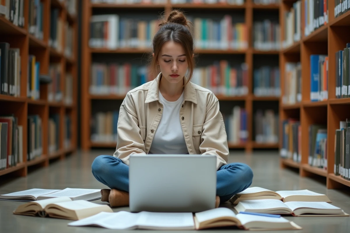 Étudiante en bibliothèque universitaire entourée de livres de grammaire française recherchant la règle d'accord du participe passé