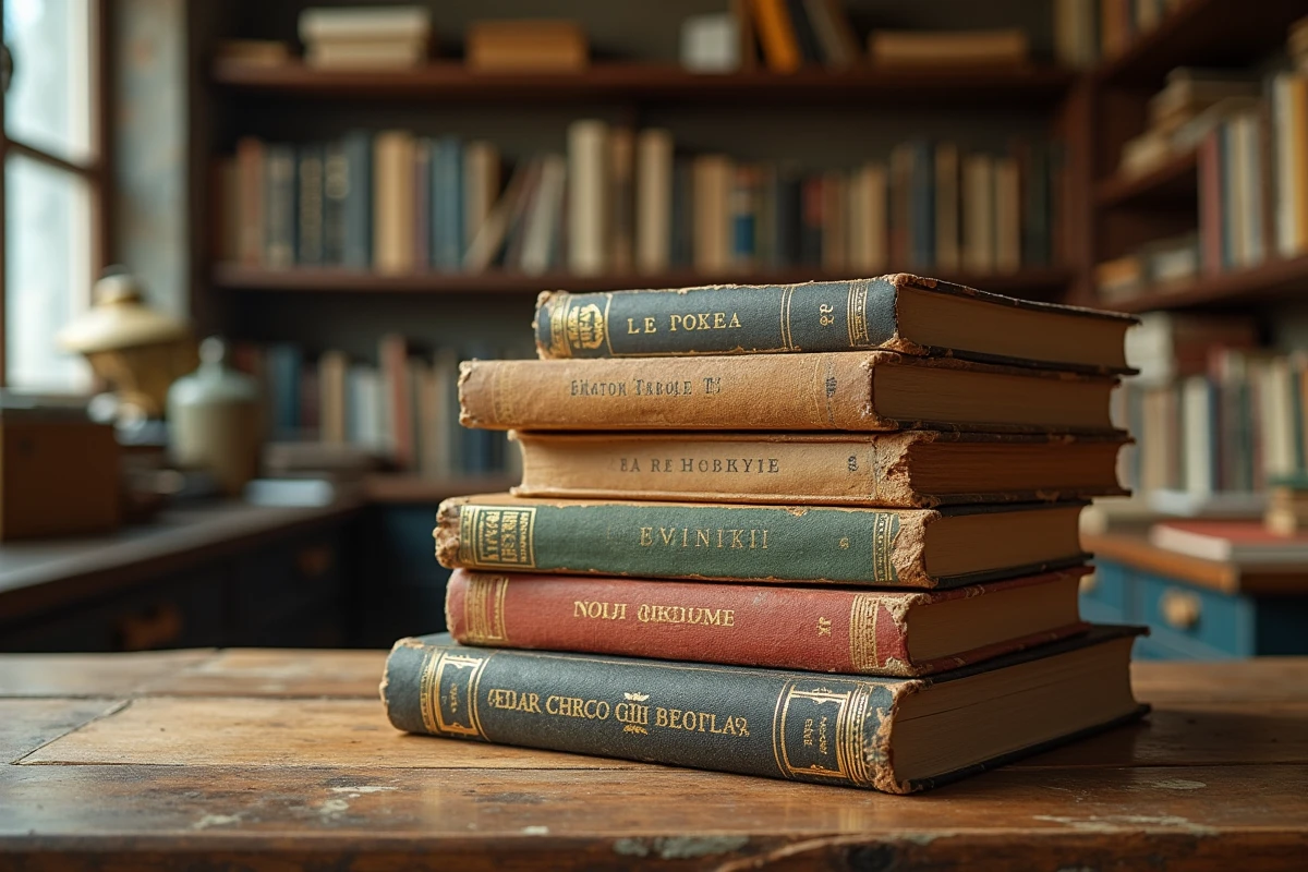 Exemplaires usés et multiples éditions d'un livre best-seller mondial empilés sur un comptoir de librairie indépendante