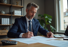 Expert financier étudiant des documents fiscaux à Paris
