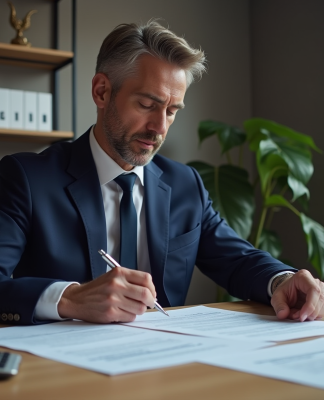 Expert financier étudiant des documents fiscaux à Paris