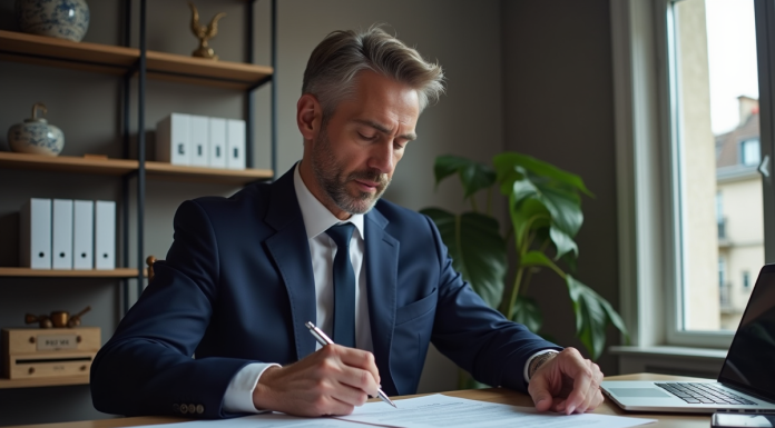 Expert financier étudiant des documents fiscaux à Paris
