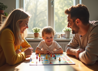 Les jeux de société indispensables pour les enfants de 3 ans pour des moments en famille Famille joyeuse jouant à un jeu coloré à la maison