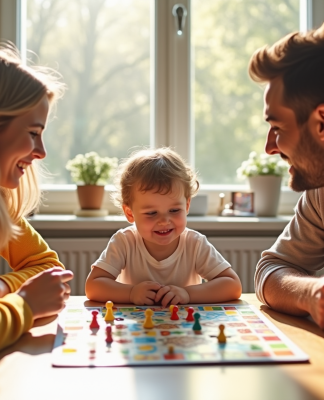 Famille joyeuse jouant à un jeu coloré à la maison