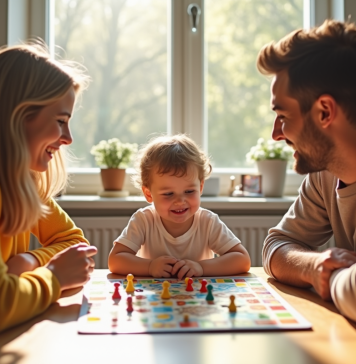 Famille joyeuse jouant à un jeu coloré à la maison
