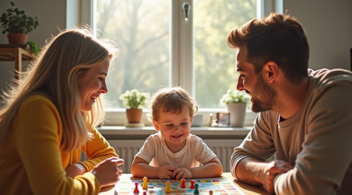 Famille joyeuse jouant à un jeu coloré à la maison