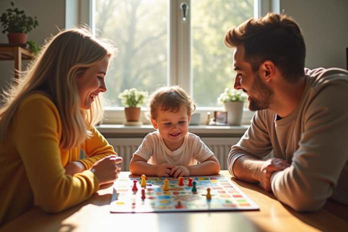 famille-jeu-color-kitchen Famille joyeuse jouant à un jeu coloré à la maison