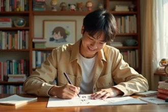 Fan de Naruto dessinant le symbole kanji de l'amour associé au personnage Gaara dans son bureau manga