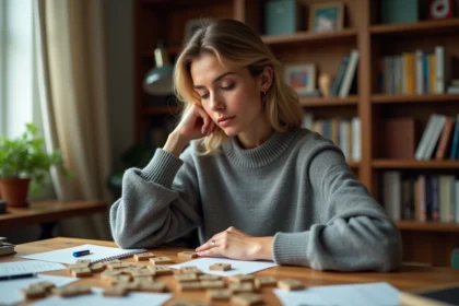 Femme réarrangeant des lettres en bois pour créer des anagrammes sur un bureau en bois entouré de dictionnaires