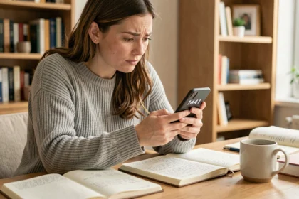 Femme analysant la signification du nombre 1441 sur son smartphone avec des notes manuscrites autour d'elle