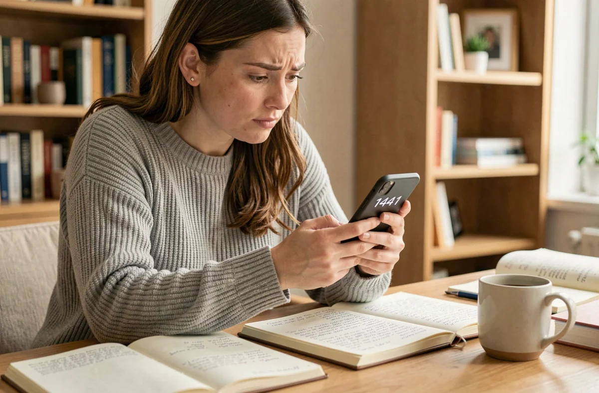 Femme analysant la signification du nombre 1441 sur son smartphone avec des notes manuscrites autour d'elle